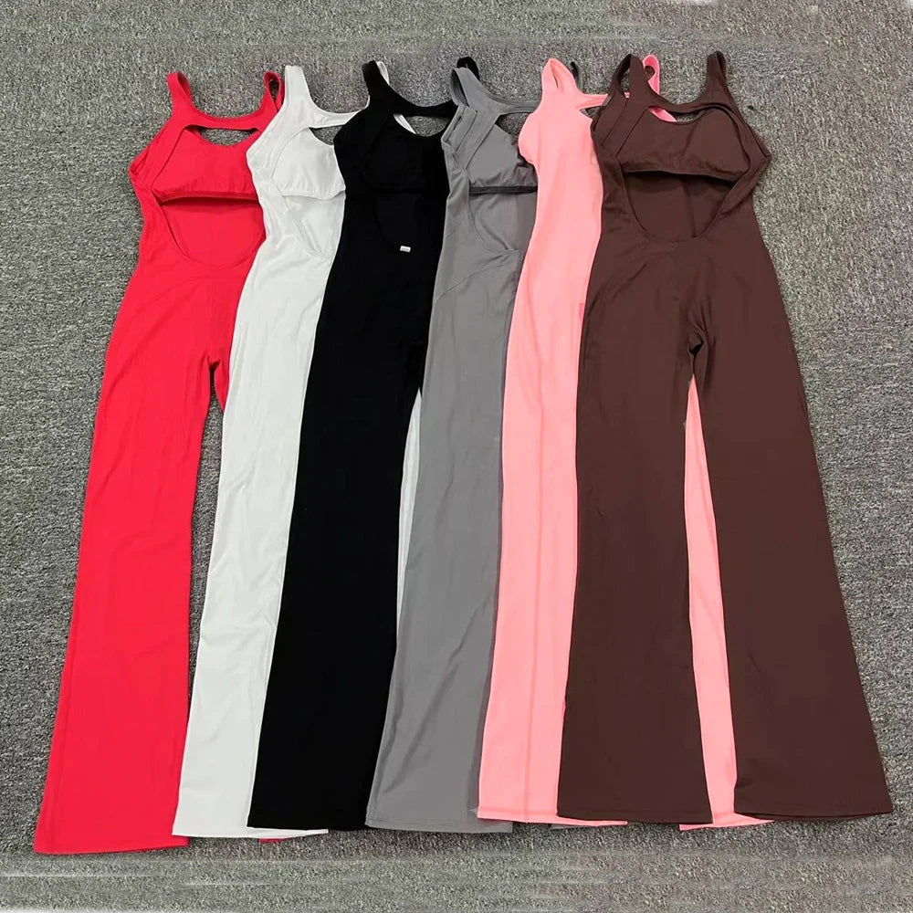 jinran 2024 Mini Flare Women Tracksuit Pad Yoga Set One Piece Jumpsuit Workout Legging Rompers Sport Gym Exercise Wear Active Suit