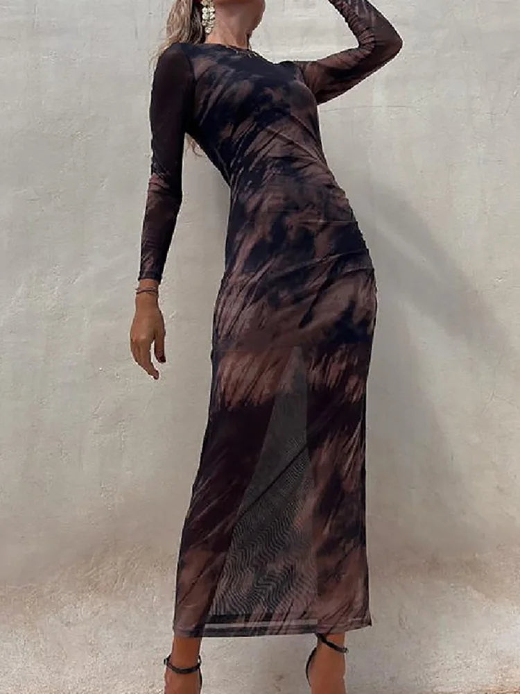 jinran Casual Streetwear Women Retro Print Dress O Neck Slim Long Sleeve Lady Office Dress Summer Holiday Party Club Ankle-Length Dress