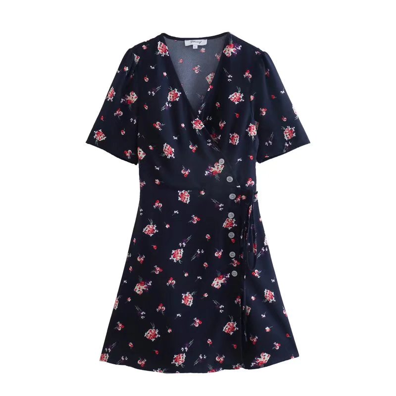 jinran waist Elegant Ladies Dress French Style Robe Summer Women green Floral Print Wrap mini Dress Short Sleeve