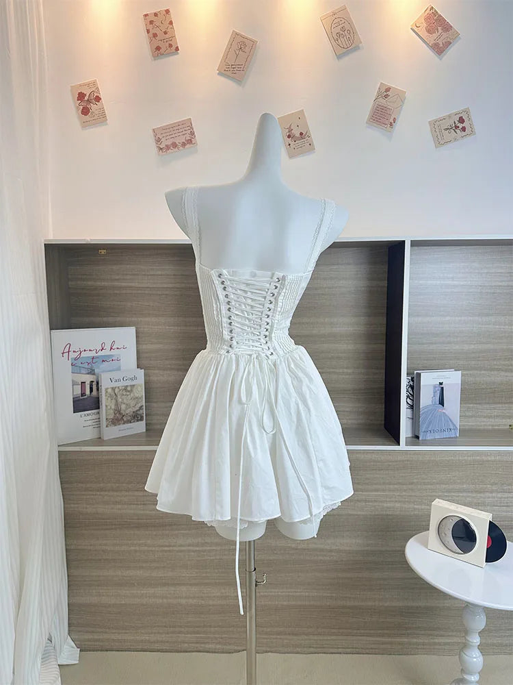 jinran Summer Mori Girl Women Bow A-Line Dress Spaghetti Strap Solid Color Frocks Dress Square Neck Party Tunic Korean Preppy Evening