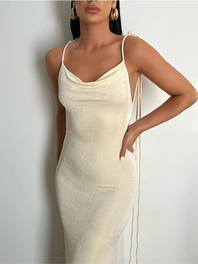 jinran Women Sexy Swing Collar Backless Sleeveless Maxi Prom Dress Drawstrings Elegant Bodycon Solid Party Dresses 2022 Summer
