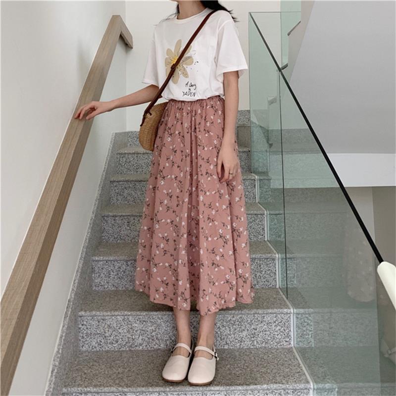 jinran Summer New Floral Print A Line Pleated Women Long Skirts 2022 Korean Fashion Elastic Waist Sweet Retro Midi Skirt Streetwear