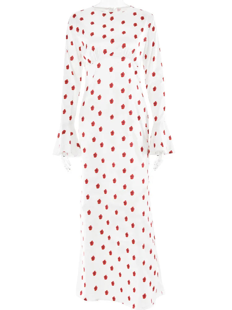 jinran Women's 2024 Autumn O-Neck Long Sleeve Floral Print Satin Bodycon Maxi Dress For Ladies Elegant Slim Evening Dress
