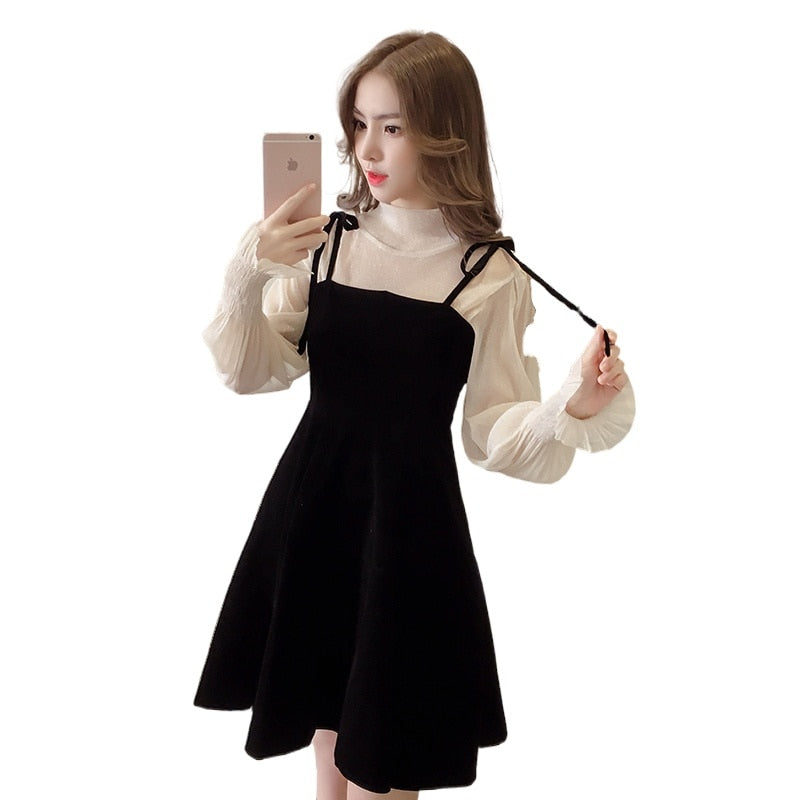 jinran Spring New Elegant Two Piece Dress for Women Women Winter Korean A-Line O-Neck Tops and Black Sundress Streetwear Dress Vestidos