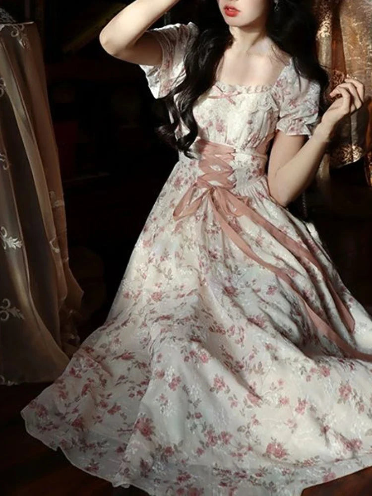 jinran Summer Lace Korean Fairy Dress Women Square Collar Princess Kawaii Floral Midi Dress Female Bandage Sweet Dresses Fashion