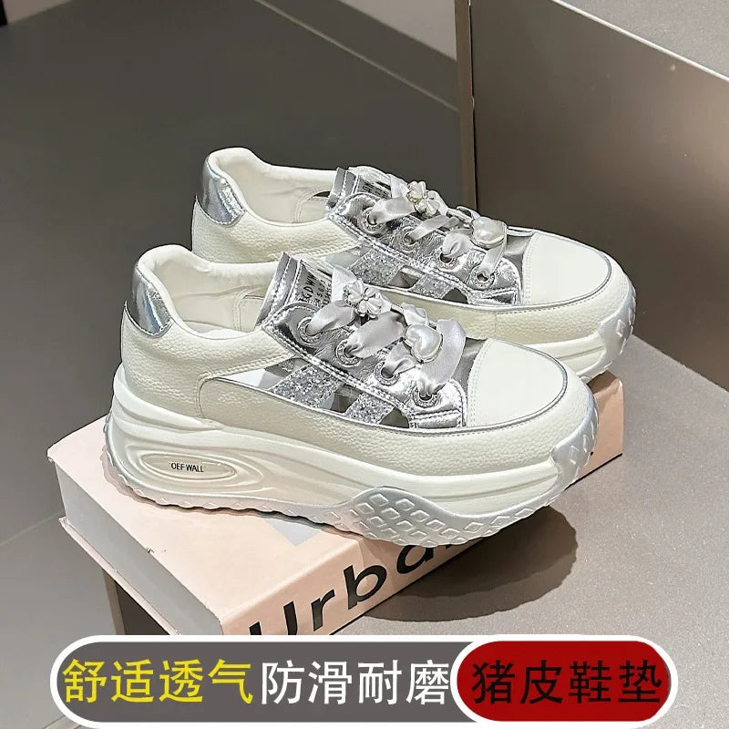 jinran leather thick soled hollowed out women's summer new versatile breathable and elevated sports and leisure shoes shoes