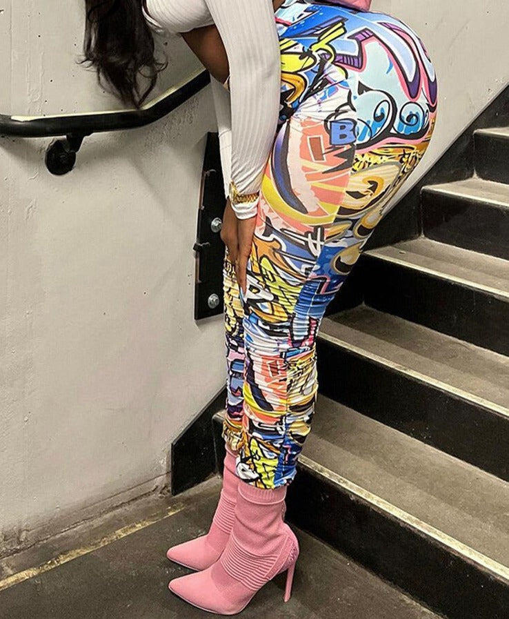 jinran Summer Women Casual Y2K Clothes Tie Dye Print Ruched Side Slit High Waist Pants Graphic Aesthetic Hip Pop Drop Shipping