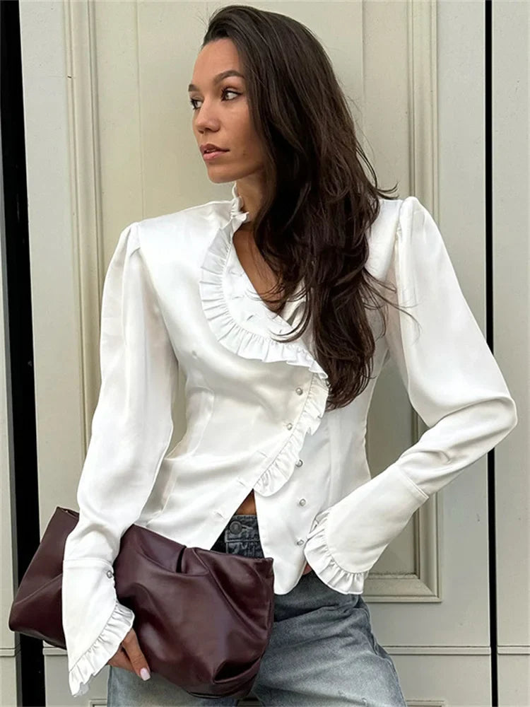 nvxiot - Fall Outfits 2024 White Ruffled Vintage Shirts For Women Patchwork V-Neck Long Sleeve Autumn 2024 Elegant Streetwear Female Cardigan Blouses