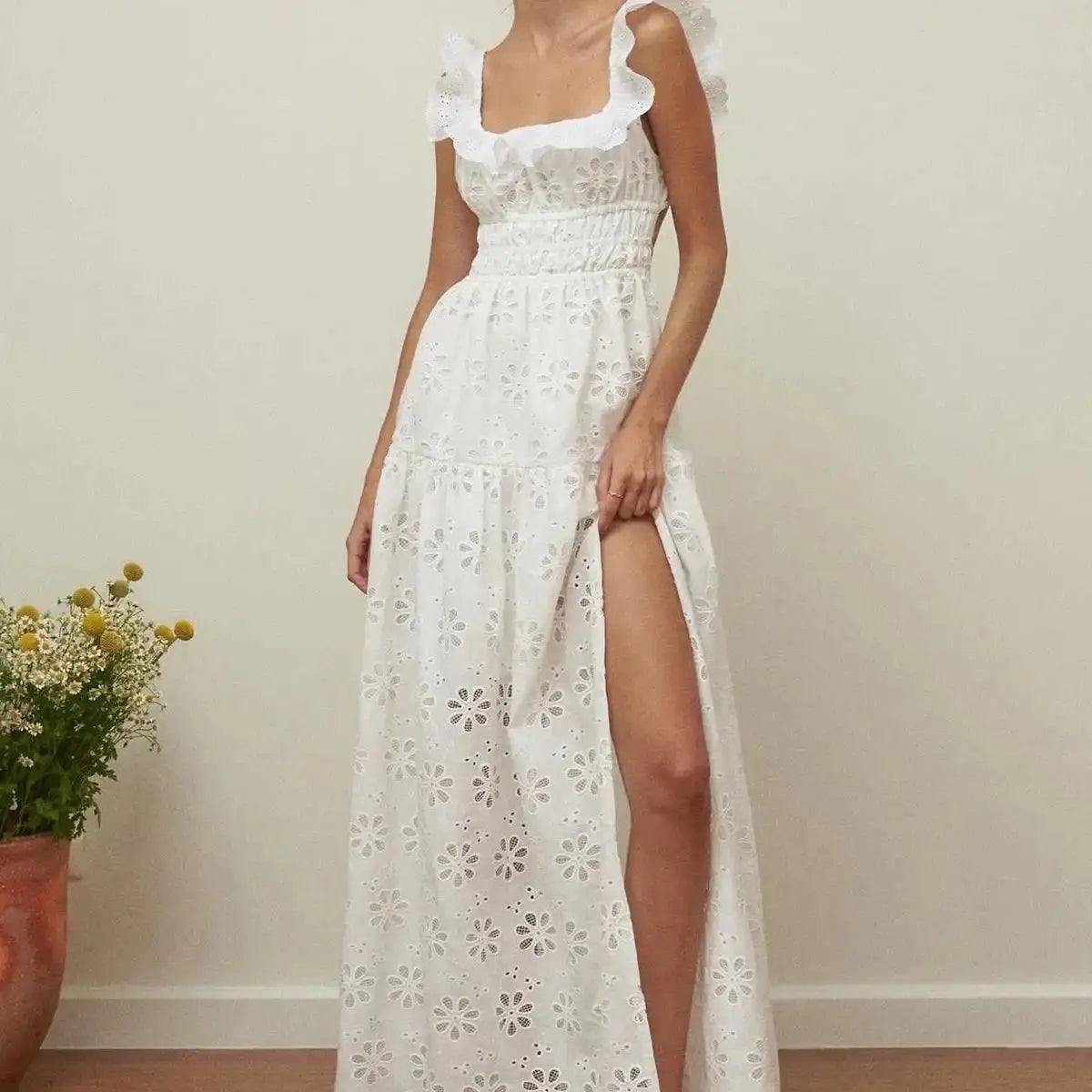 jinran 2024 White Dress Women Halter Cotton Long Dress Lace Elegant Party Outfits Ladies Sexy Club Clothes