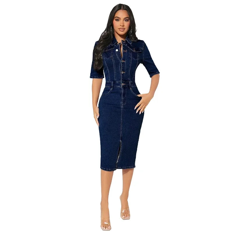 jinran New Arrival Knee-length Half Sleeve High Elastic Denim Dresses for Women 2024 Vestidos Para Muje Summer Party Club Bodycon Dress