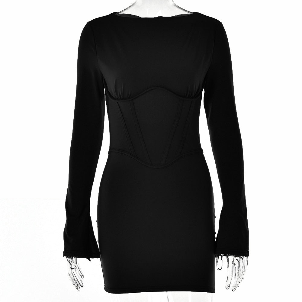 jinran Women Illusion Bodycone Mini Dress O-Neck Split Flare Sleeve Wrap Skirt Solid Slim Bodycon Spring Summer New Partywear
