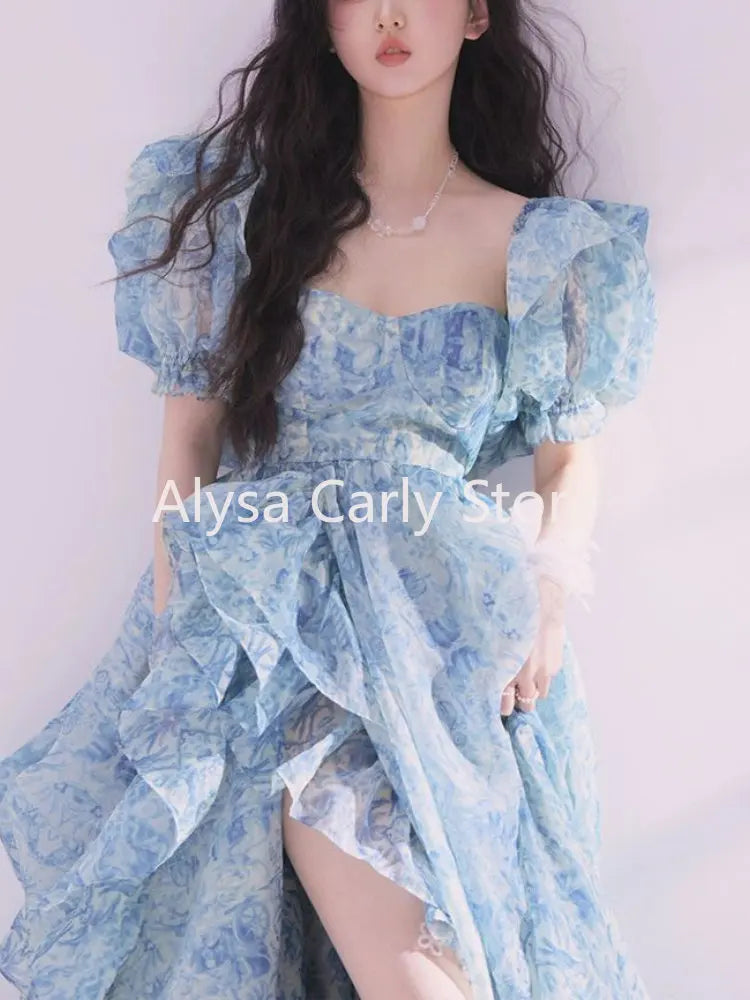 jinran Vintage Floral Long Fairy Dress Women 2023 Summer Ruffles Elegant Beach Party Dresses Female Causal Korean Sweet Princess Dress