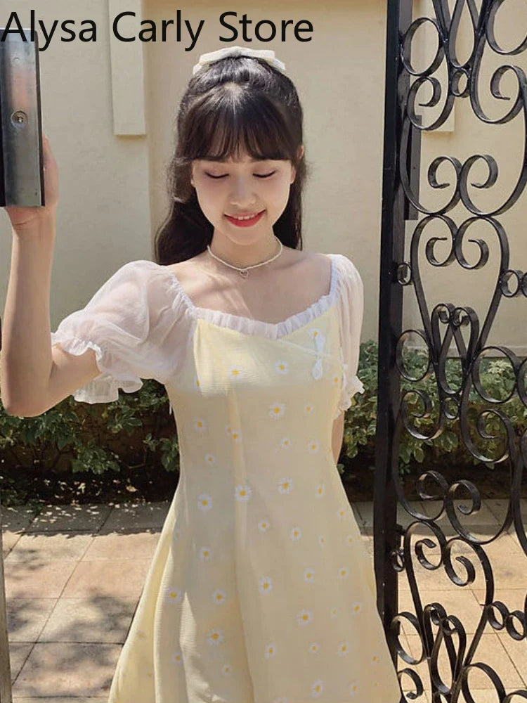 jinran Yellow Floral Vintage Dress Women Patchwork Chiffion Puff Sleeve Sweet Fairy Dress Female Elegant Korean Party Dress 2024 Summer