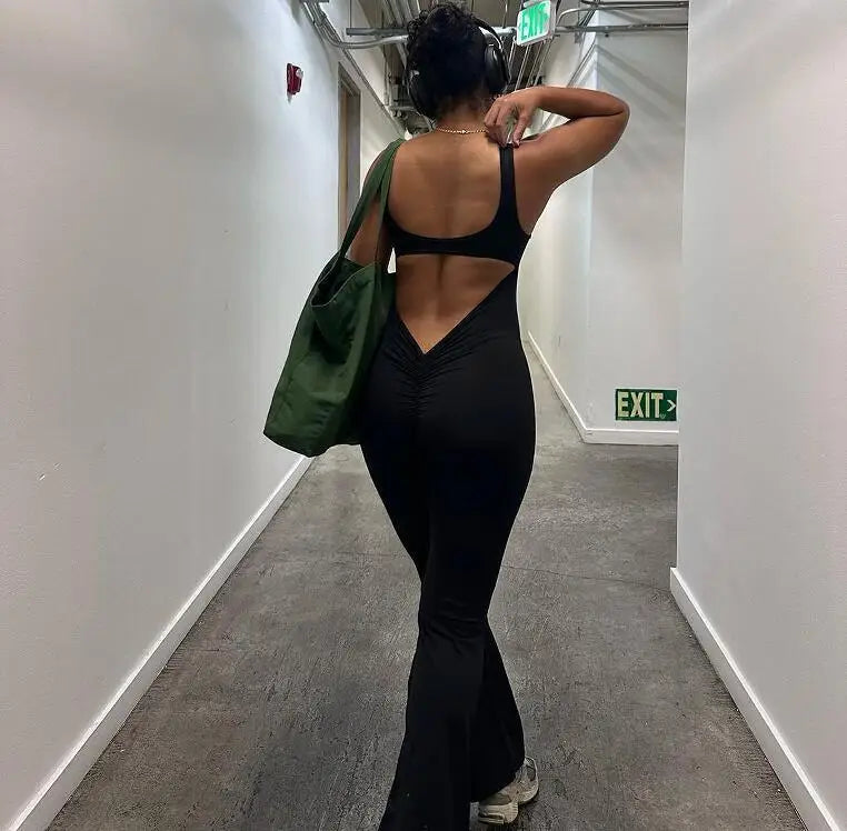 jinran 2024 S-XL Pad Women Gym Yoga Set Sports Rompers Deep V Back Fitness Workout Pant Flare Leggings One Piece Jumpsuit Active Wear