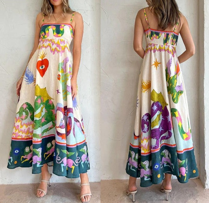 jinran summer new women's fashion casual ribbon color printed sleeveless dress