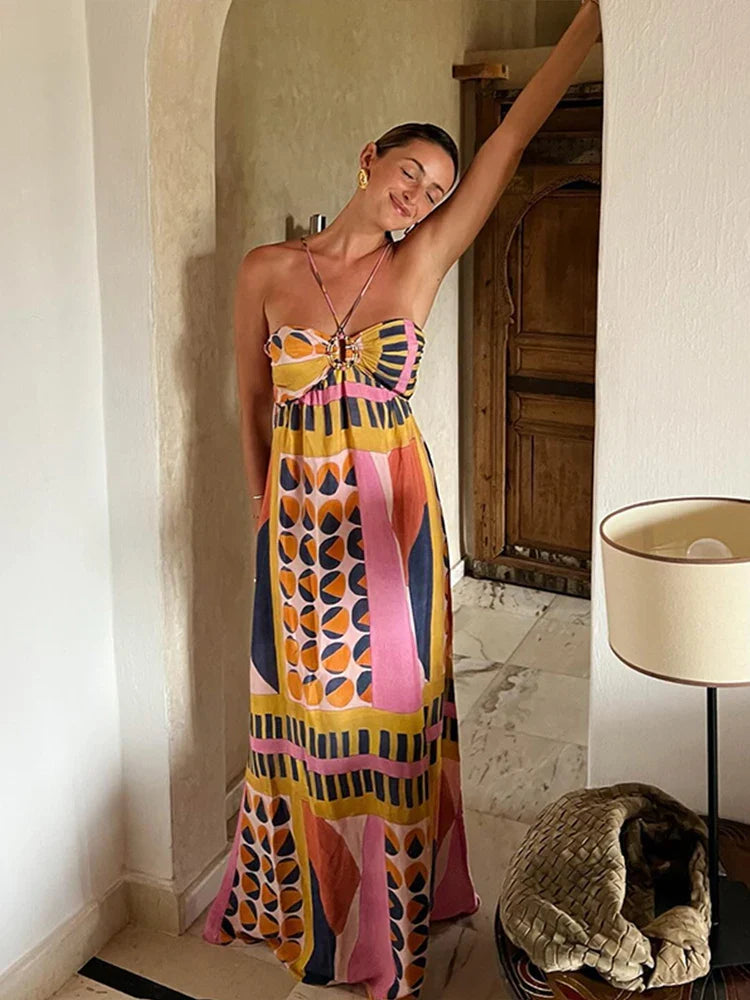 jinran Summer Printed Halter Long Dress Women Sleeveless Backless Lace Up Empire Female Dresses 2024 Holiday Lady Fashion Robes