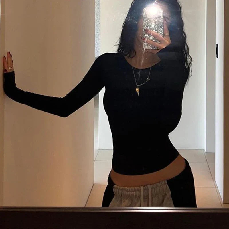 jinran Hollow Out Sexy Black T-shirts Women Autumn Long Sleeves O-Neck Streetwear Casual Solid Bodycon Fashion Female T-shirts New 2023