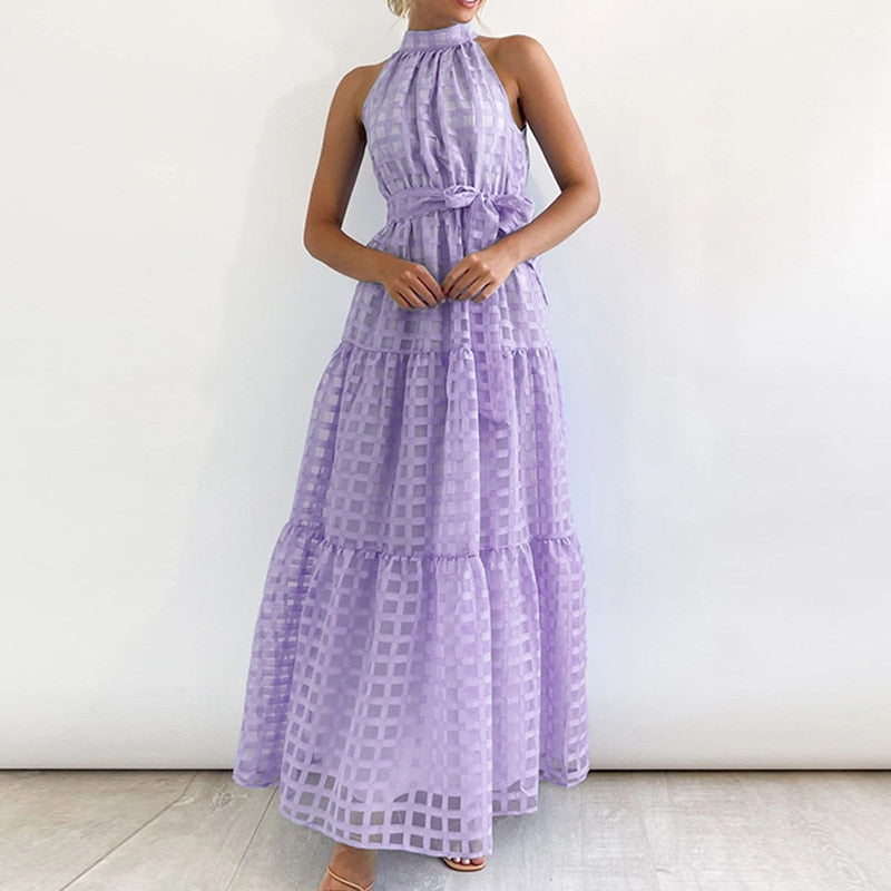 jinran Women Elegant Loose Pleated Long Party Dress Ladies Summer Sexy Sleevelss Dress Fashion High Street Cascading Ruffle Maxi Dress