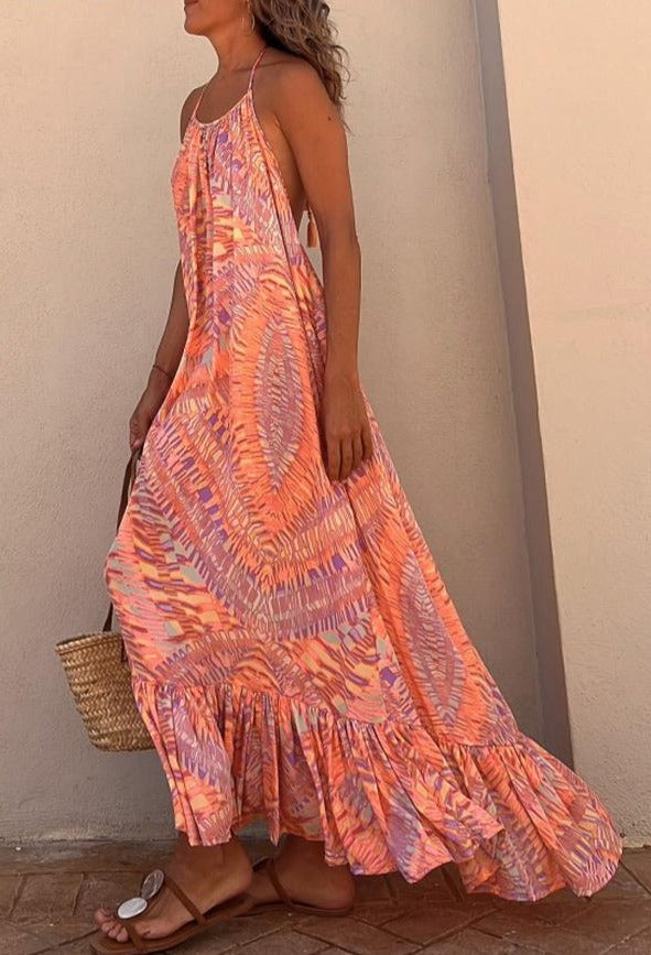 jinran summer new women's fashion casual temperament print sleeveless halter leaky back patchwork dress