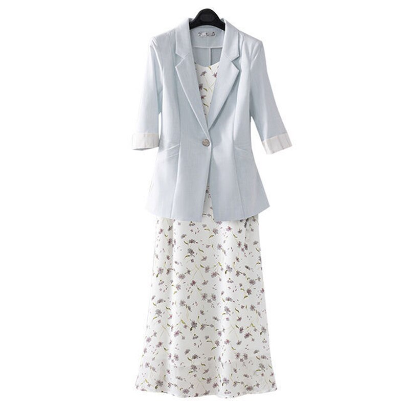 jinran Women's Graceful Spring Summer Work Clothing 2022 Office Lady Thin Suit Coats+Chiffon Print Sling Dress Casual Blazers Female