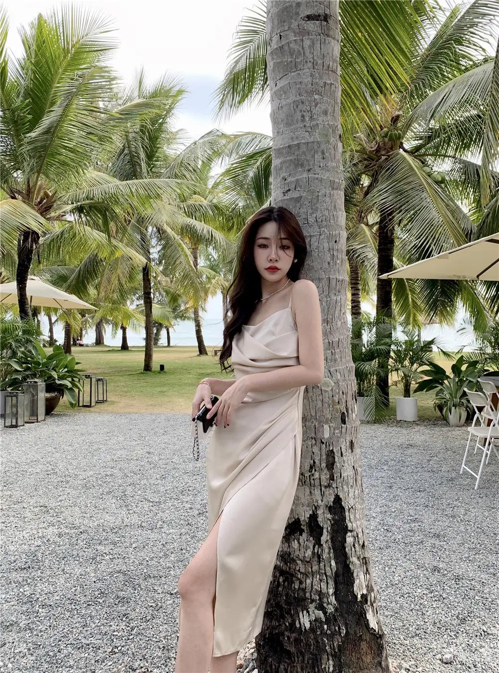 jinran Women Summer Backless Elegant Sexy Strap Split Satin Dress Female Sleeveless Camisole Vestidos Beach Clothes