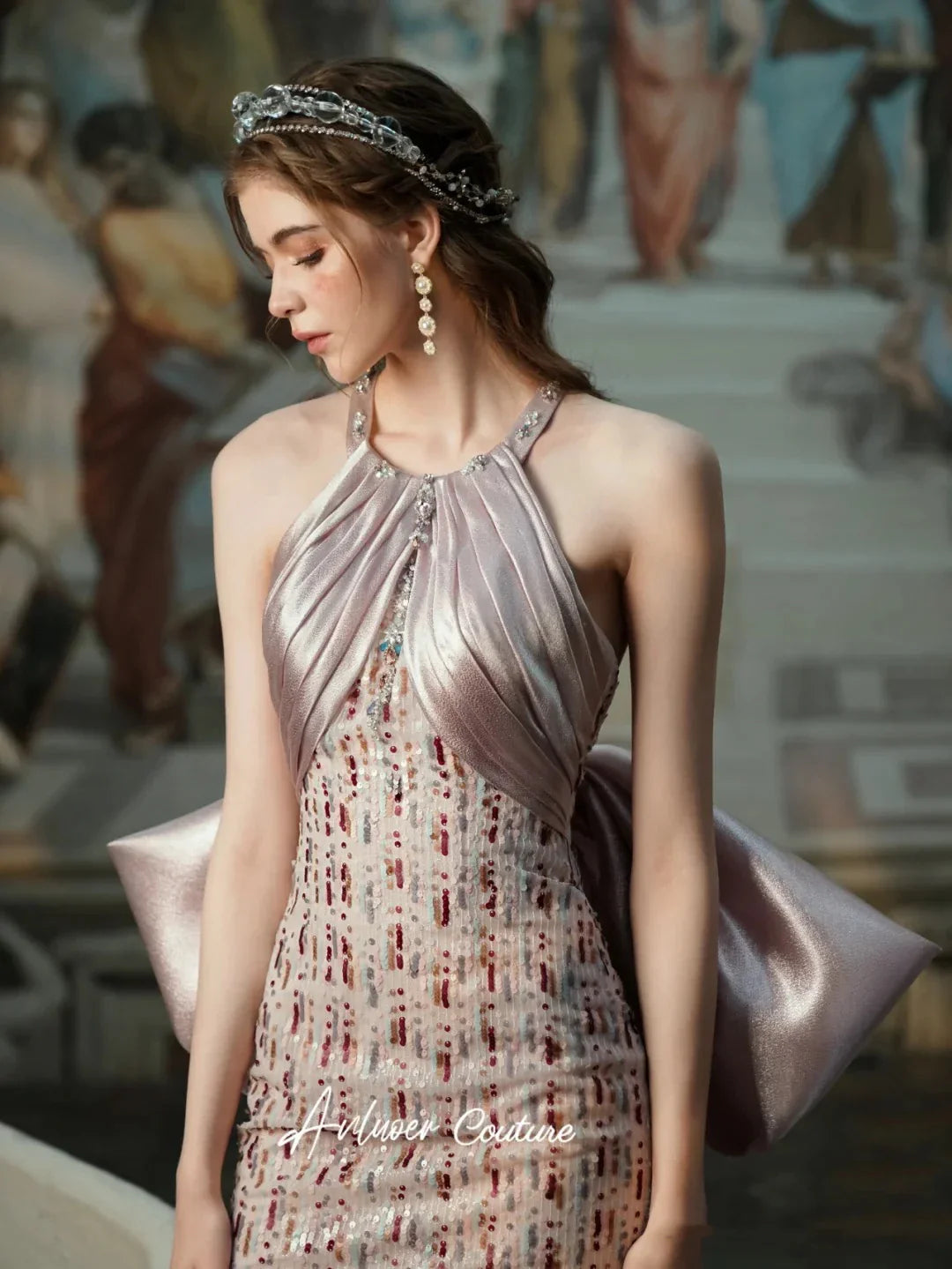 jinran Vintage Mermaid Evening Dress Halter Bow Trailing Backless Satin Luxury Beading Crystal Sequins Sexy Bride Women Party Prom Gown