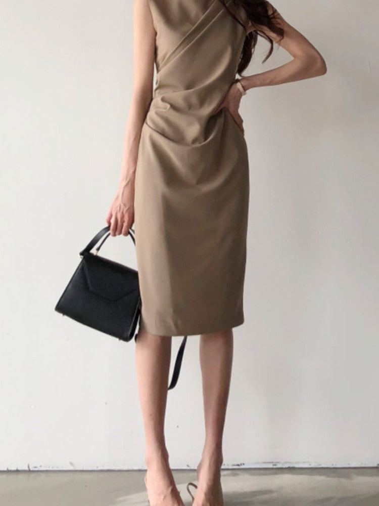 jinran Elegant Women Office Dress New Summer Sleeveless Bodycon Dresses Retro Women Midi Solid Black Long Robe Vestidos Mujer