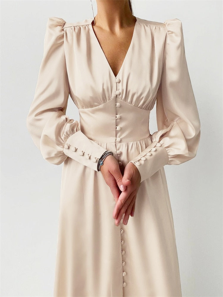 jinran Women Autumn Puff Sleeve Elegant Dress Long Sleeve V Neck Slim Waist Long Dress Korean Fashion Vintage Dresses Female