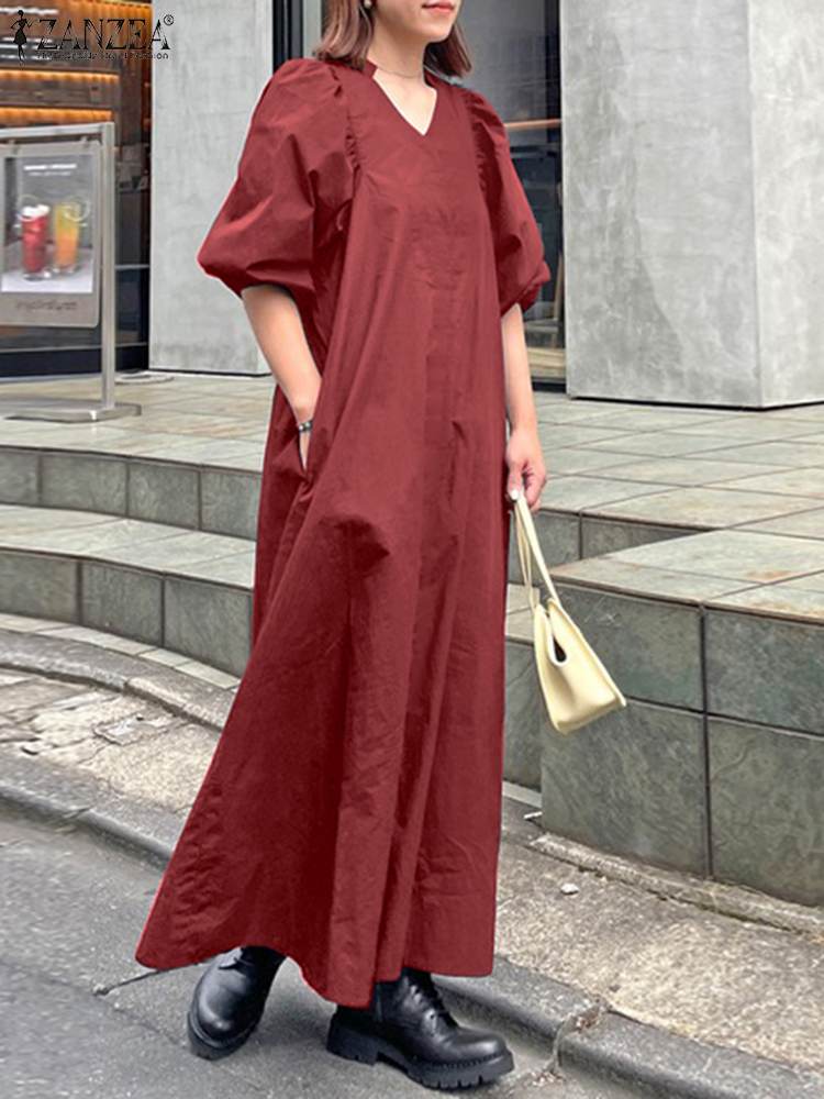 jinran Women Casual V Neck Solid A-Line Vestido 2022 Fashion Long Puff Sleeve Sundress Holiday Dress Retro Kaftan Dress Oversize