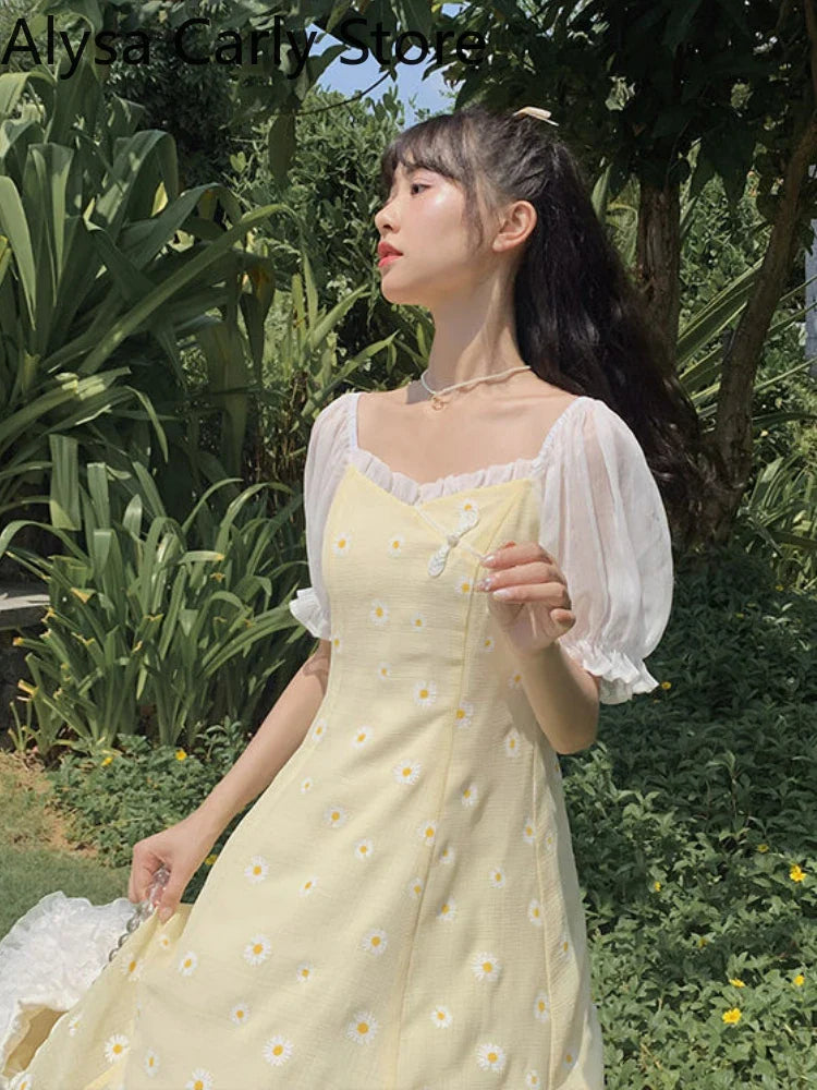 jinran Yellow Floral Vintage Dress Women Patchwork Chiffion Puff Sleeve Sweet Fairy Dress Female Elegant Korean Party Dress 2024 Summer