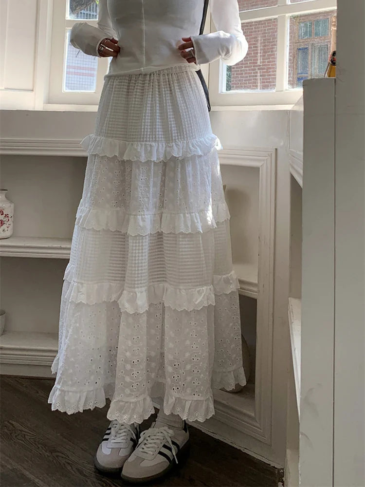 jinran High quality White Cute Skirts for Women Summer High Waisted A-line Skirt Long Skirt Hook Flower