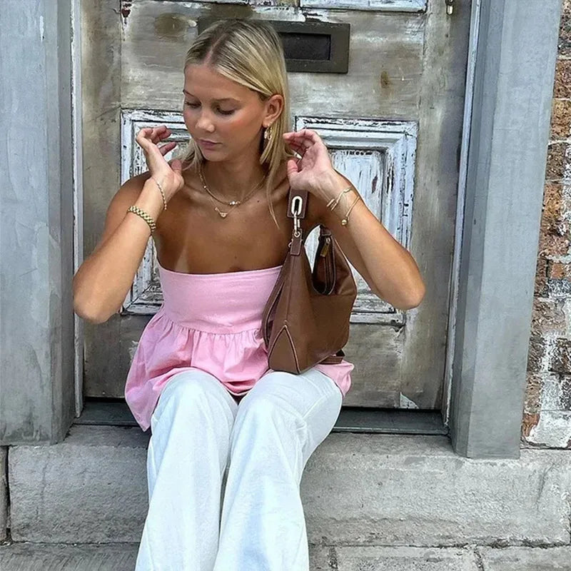 jinran Y2K Strapless Women Tube Shirts Backless A Line Solid Lady Ruffles Top 2024 Summer Fashion All Match Beach Female Streetwear