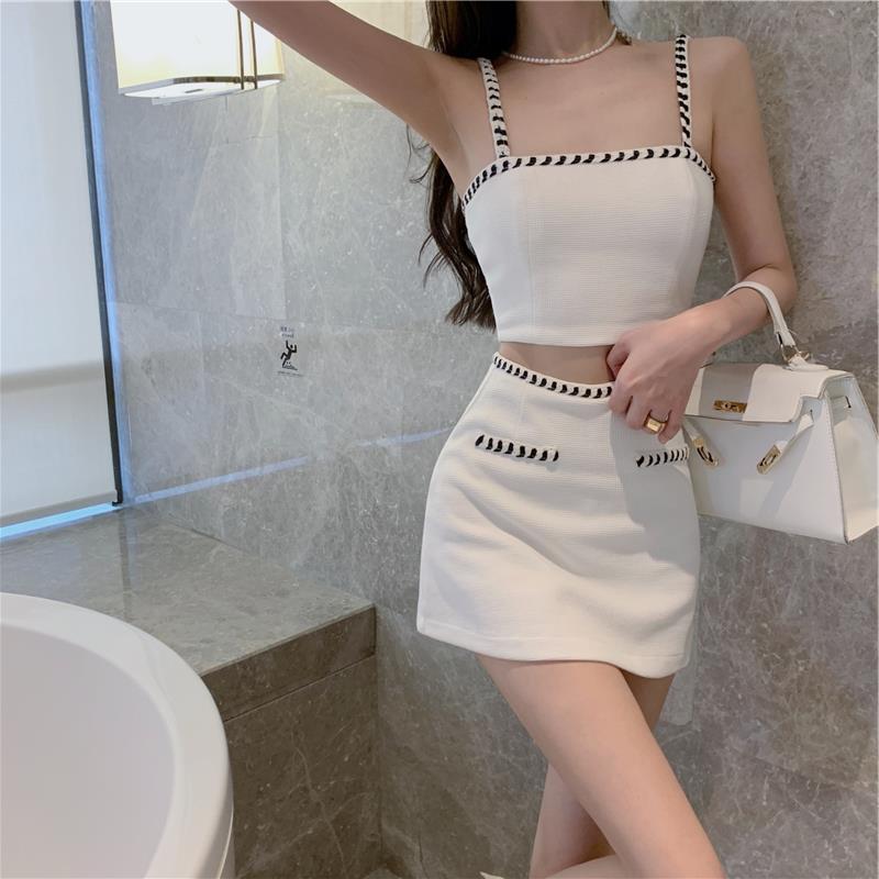 jinran Small Fragrant Breeze Crop Top Women Sexy Knitting Camisole Fashion High Waist Hip Skirt Suit 2022 Summer New