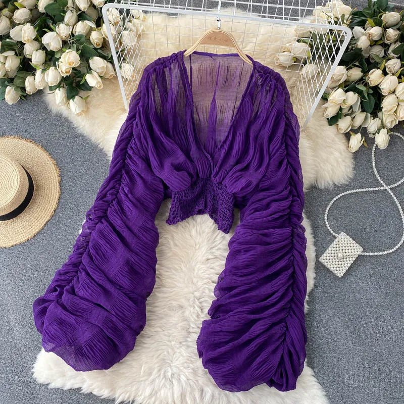 jinran Women Sexy Chiffon Short Blouse Female See Through Super Long Sleeve Blusas Purple/Green/Black/White Folds Party Tops 2024 New