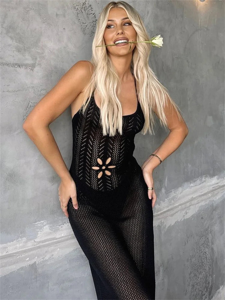 jinran Summer Knit Bandage Maxi Dress Female Hollow Out See-Through Printed High Waist Backless Beach Holiday Women Long Dress