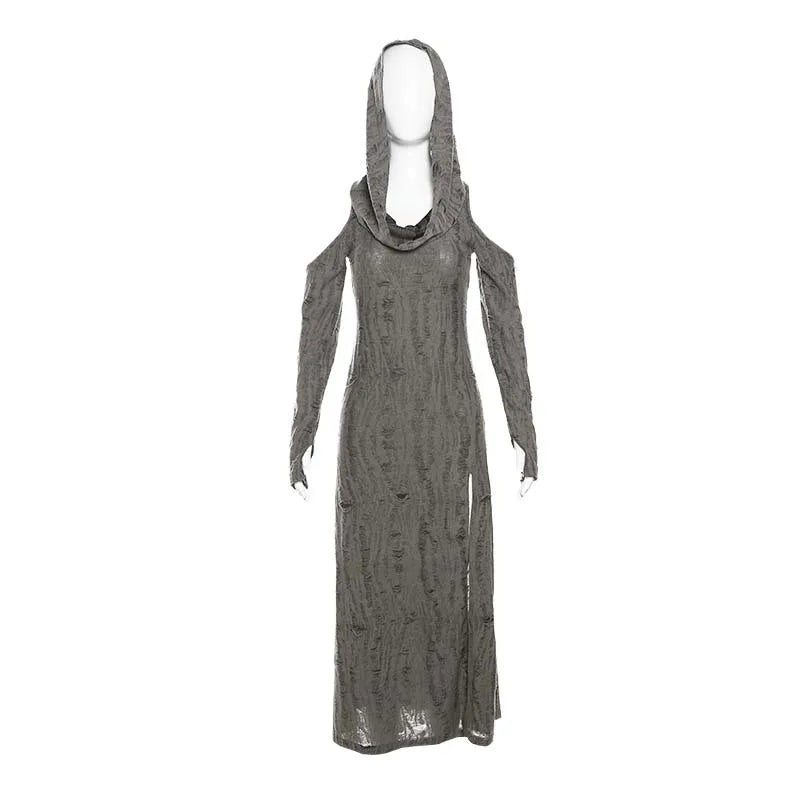 jinran Waste Soil Style Distressed Hooded Dress Elegant Slim Slimming and Shoulder Hollow Design for Women Spring Summer