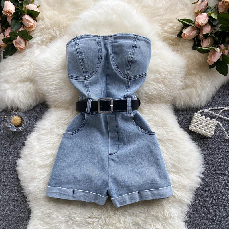jinran Summer Rompers Women Jeans Jumpsuit off shoulder Loose Casual Denim Rompers Womens Jumpsuits Wide Leg Casual Denim Overalls
