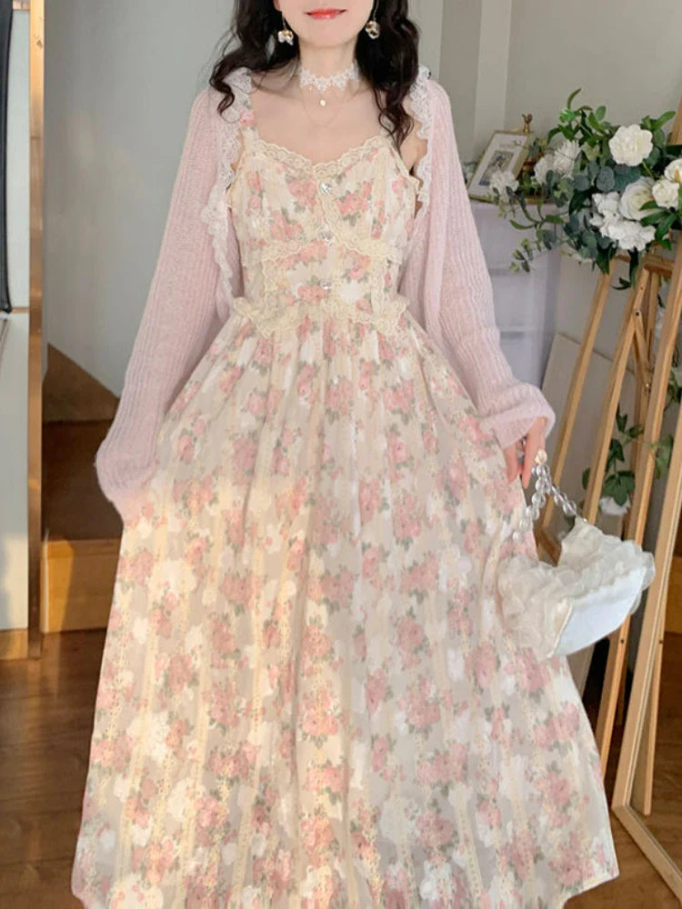 jinran Chiffon Lace Strap Dress Women Floral Embroidery Fairy Vintage Long Dress Female Sweet Princess Casual Party Dresses 2024 Summer