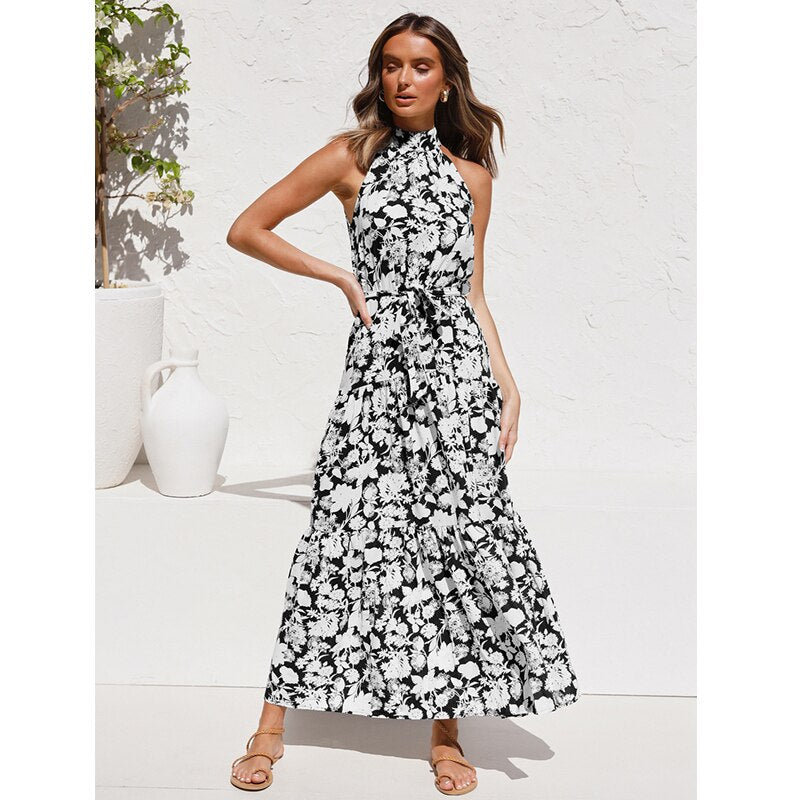 jinran Polka Dots Vintage Women Summer Halter Maxi Boho Dress Sleevless Navy Blue Floral Print Long Sash Beige A-line Beach Casual Robe