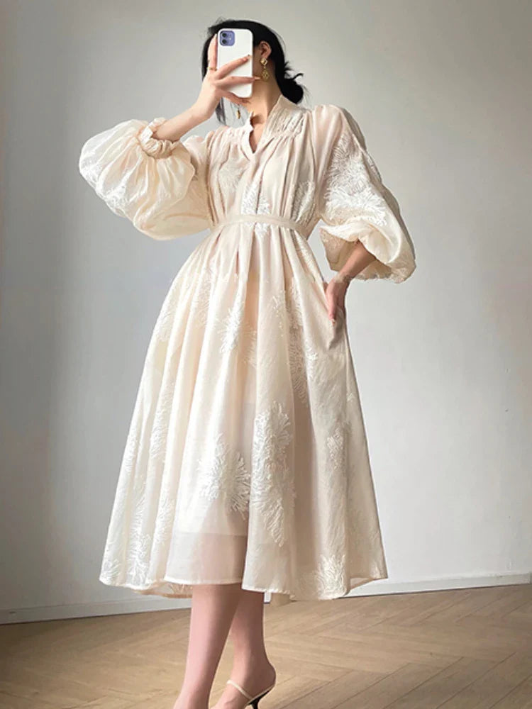 jinran Elegant Vintage Embroidery Dress Women Casual Korean Party Midi Dress Female 2024 Spring Lantern Sleeve Beach Style Floral Dress