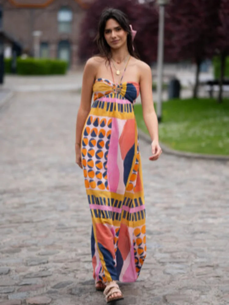 jinran Summer Printed Halter Long Dress Women Sleeveless Backless Lace Up Empire Female Dresses 2024 Holiday Lady Fashion Robes
