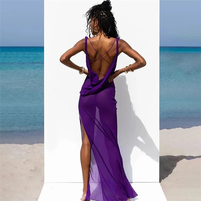 jinran Summer Holiday Beachwear Mesh See Through Maxi Dress Outfits for Women Sexy Backless Sleeveless Slit Long Dresses Summer Dress