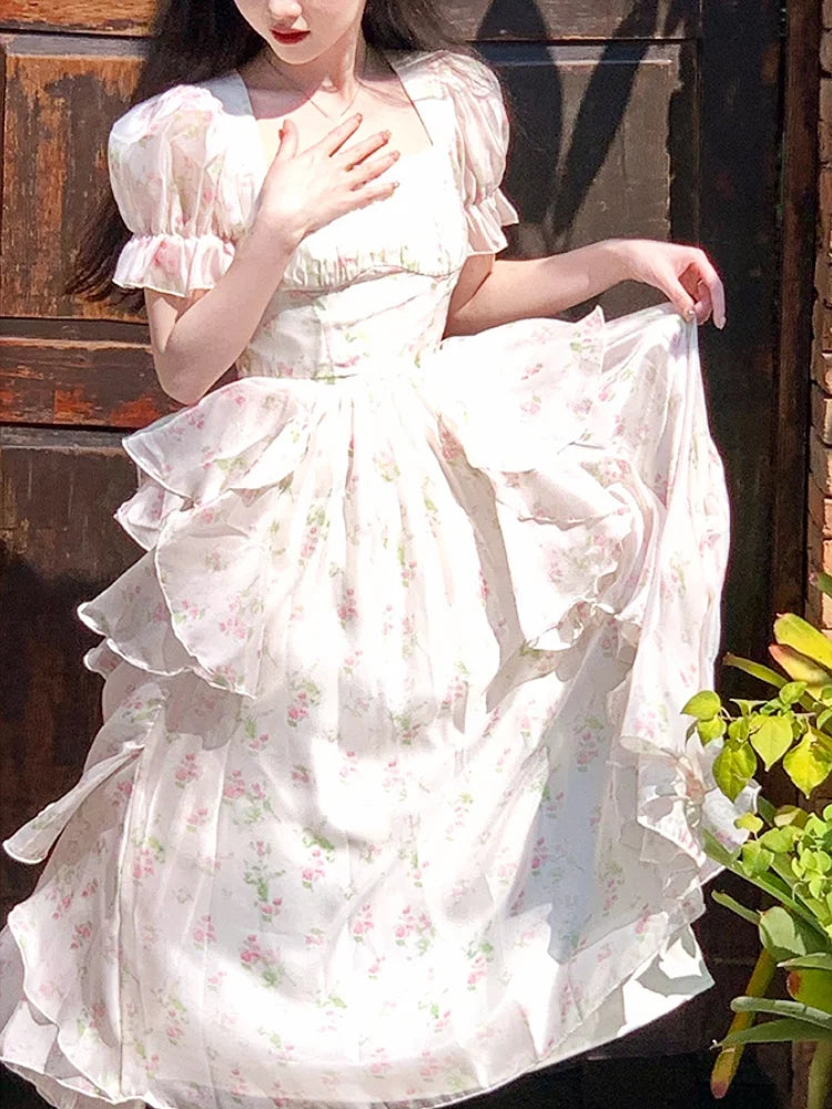 jinran Casual Floral Midi Dresses Women Elegant Short Sleeve Vintage Party Dress Summer One Piece Dress Korean Female Ruffles Chic 2024