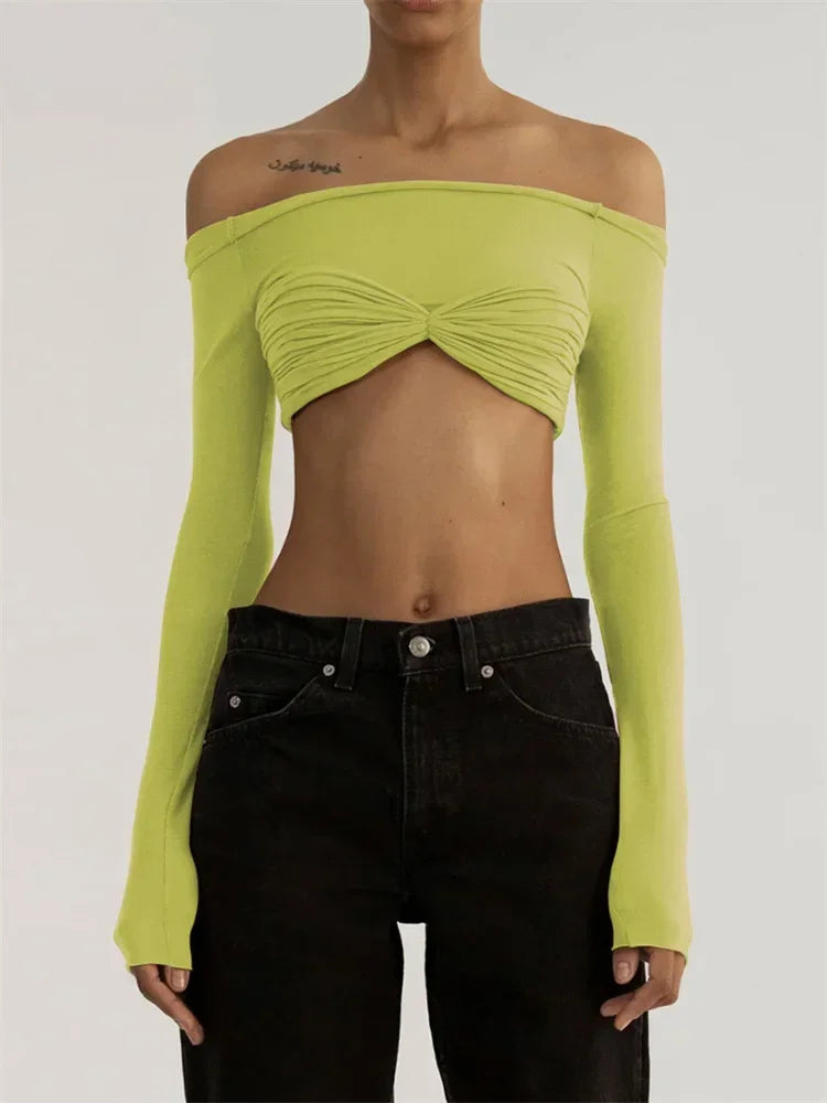 jinran Women Sheer Mesh Crop Top Twist See-Through Mesh Knit Copped Shirt Tops Bustier Off-Shoulder Long Sleeve Summer Hot Tops