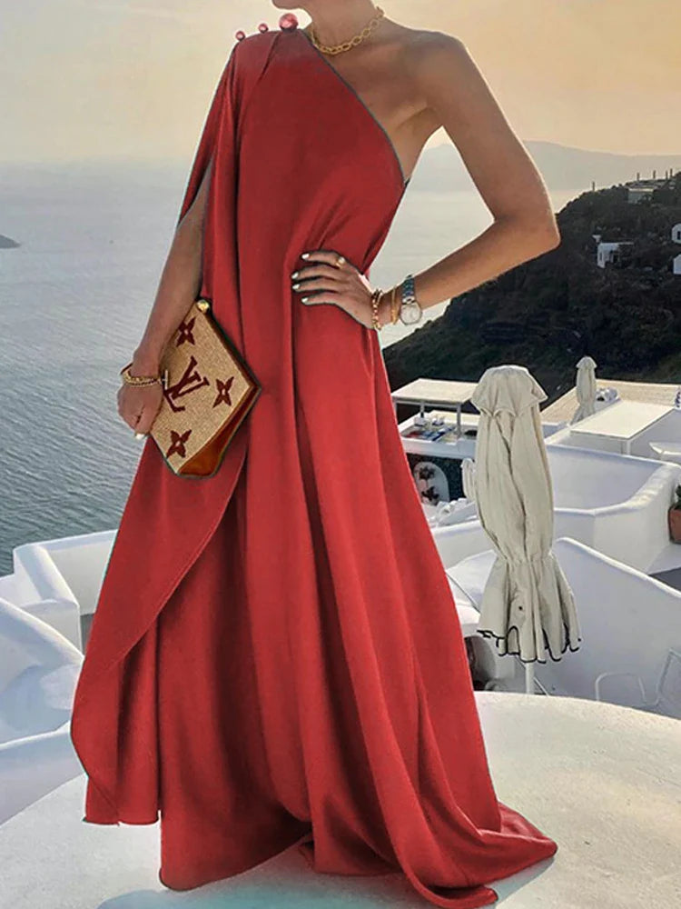 jinran Women Sexy Off Shoulder Boho Long Dress Elegant One Shoulder Loose Party Dress 2024 Summer Fashion Button Solid Beach Maxi Dress