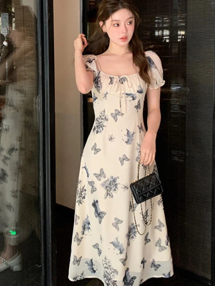 jinran Elegant Dresses for Women Summer New Chinese Style Butterfly Print Casual Party Dress Female Vintage Vestido Prom Robe 2024