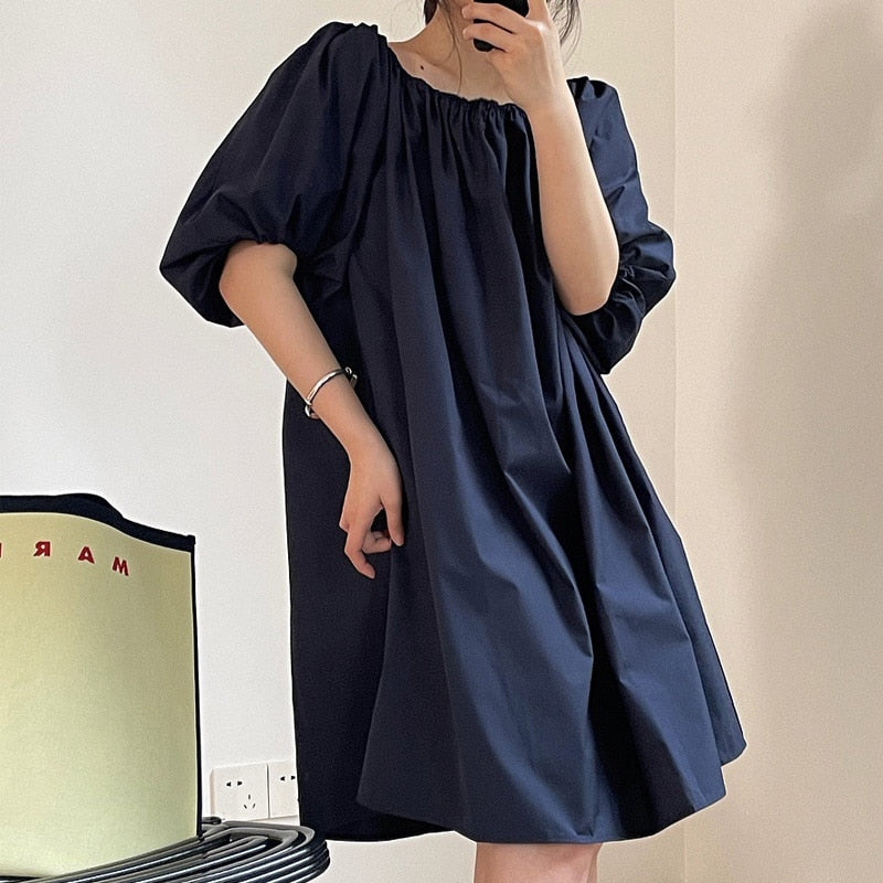 jinran Summer women's casual solid color puff sleeve loose dress