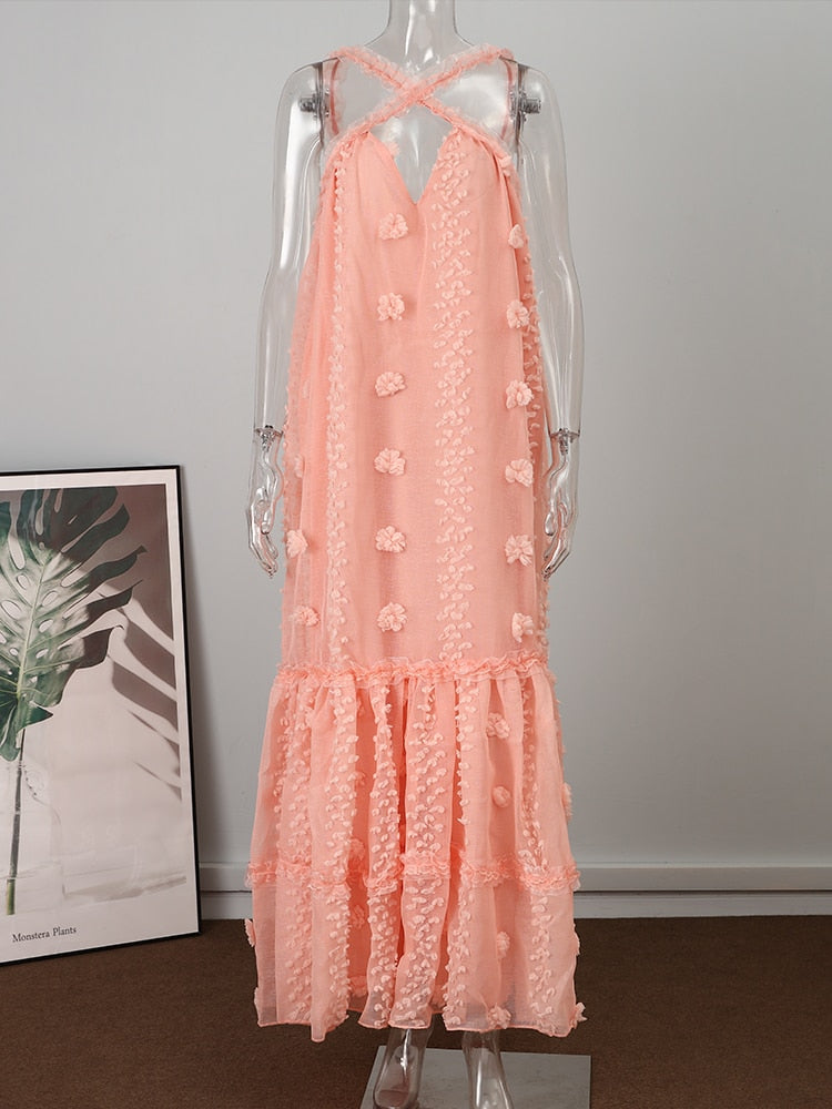 jinran Sleeveless Halter Maxi Summer Dress For Women Fashion Ruffle Beach Long Robe Elegant Slip Holiday Hollow Out Sundress