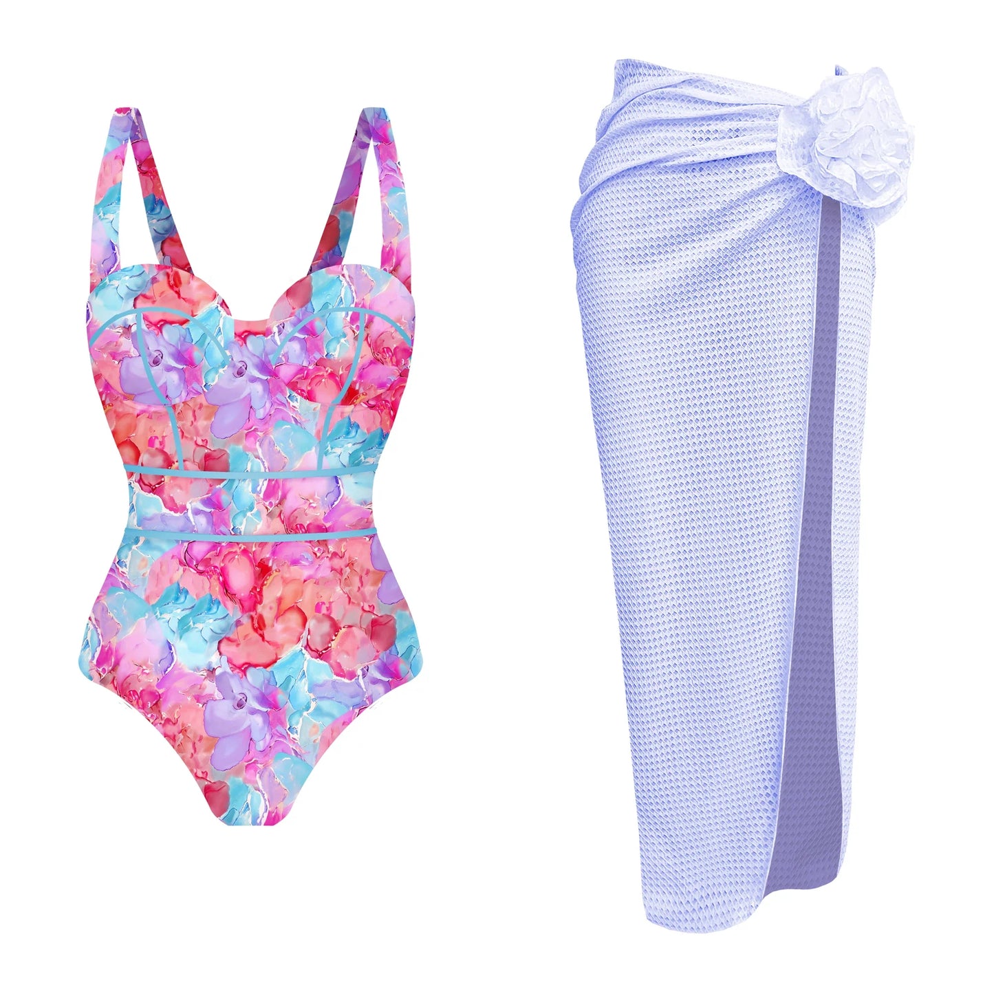 jinran 2024 One Piece Swimsuit Women Swimwear with Beach Skirt V Neck Bathing Suit Flower Beachwear Monokini Swim Summer