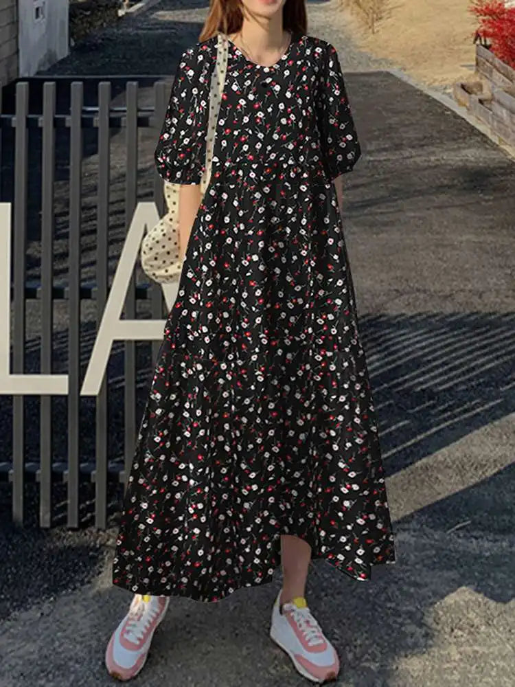 jinran Women Summer Floral Sundress Bohemian Printed Dresses Holiday Party Beach Dress Short Sleeve Maxi Vestidos Robe Femme